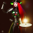 Red-haired woman in futuristic costume with green accents and wide-brimmed hat holding a lamp