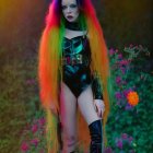 Rainbow-haired person in gothic makeup in orange-pink field outfit.