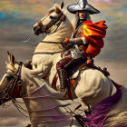 Regal figure in ornate armor on white horse under cloudy sky.