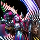 Three colorful armored futuristic warrior characters against a psychedelic spiral backdrop
