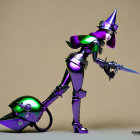 Futuristic female robot in purple and green armor with futuristic weapon