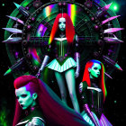 Vibrant red-haired futuristic females in edgy attire against cosmic backdrop