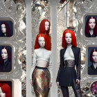 Red-haired mannequins in bold makeup showcase high fashion attire with mirror and crystal decor.