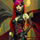 Stylized female pirate with red hair, corset, and skull hat on ship deck under yellow