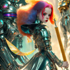 Vibrant multicolored hair, ornate armor, and golden staff in cosmic setting.