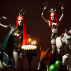 Fantasy figurines with red hair and horns, black and gold outfits, holding moon symbol, surrounded