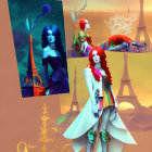 Vibrant surreal artwork: Two women with colorful hair and intricate outfits posing amid floating Eiffel