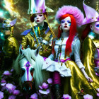 Futuristic baroque costume models in metallic finishes with vibrant wigs and floral backdrop.