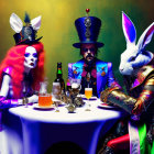 Vibrant tea party scene with red-haired female, top hat male, and armored white rabbit at