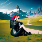 Stylish woman in avant-garde attire on colorful alien landscape