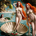 Red-haired female figures in seashell boats on reflective water with ornate structures.