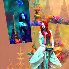 Red-haired model with guitar in autumnal setting and musician poster in background