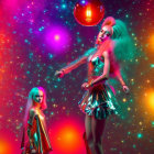 Stylized women with colorful hair in futuristic metallic clothing against vibrant cosmic background