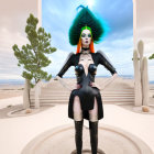 Stylized digital artwork of woman with green hair in avant-garde outfit posing in surreal desert with