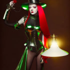 Futuristic female figure in metallic green corset with vibrant hair and hat holding a lamp