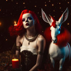 Red-haired woman with headband & unicorn in dark setting with twinkling lights.