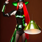 Surreal portrait of woman with white skin and red hair in green metallic outfit against brown background