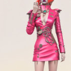 Avant-garde style: Vibrant orange hair, pink outfit, bold makeup pose against soft background