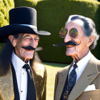 Men in suits with exaggerated mustaches and top hats outdoors with hedge.