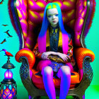 Blue-haired woman with colorful makeup on ornate chair against green background