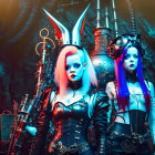 Vibrant colored hair and metallic armor on two female figures