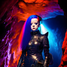 Futuristic female robot with blue hair in metallic armor under red and blue lighting.