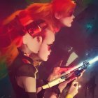 Three Women with Vibrant Red Hair in Retro Fashion Holding Futuristic Weapon
