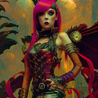 Futuristic pink-haired woman in metallic outfit with geometric patterns