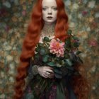 Dual portrait of women: one redhead, one in greenery, both against floral background