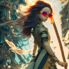 Stylized women with flowing hair and sunglasses in cosmic setting