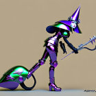 Futuristic robotic witch in pointy hat, metallic suit, scythe, and high-heeled