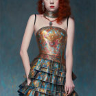 Red-haired female android in holographic corset and metallic skirt on grey backdrop