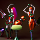 Futuristic women in avant-garde outfits with vibrant colors and metallic accents