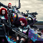 Futuristic female characters in iridescent armor with advanced weaponry pose against moody sky.