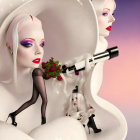 Surreal image: Twin women with white hair, rabbits, cosmic background, white fabric.