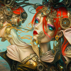 Steampunk-style Female Figures with Mechanical Headgear and Red Hair