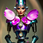 Futuristic female robot with iridescent metal skin and purple orchid flowers