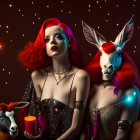 Surreal image: Red-haired woman, goats, starry backdrop