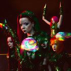 Stylized female figures in green outfits with cosmic headpieces on starry background