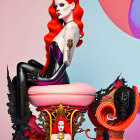 Red-haired woman in waves sitting on ornate chair in black outfit against pastel backdrop