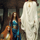Digital artwork: Male figure in robe with cross necklace, flanked by two females with vibrant hair,