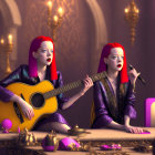 Stylized female figures with vibrant hair playing guitar amidst whimsical purple creatures in grand setting