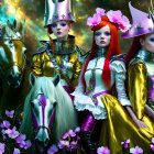 Colorful Costumed Trio and White Horses in Cosmic Setting