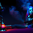 Futuristic woman with blue hair and glowing clothing beside smoking hookah under neon lights