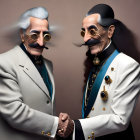 Stylized elderly gentlemen in white suits with exaggerated mustaches and medals