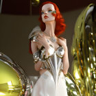 Red-haired doll in white and green costume against colorful lights.