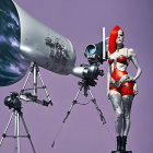 Futuristic female model with red and white makeup next to telescopes in space-themed setting