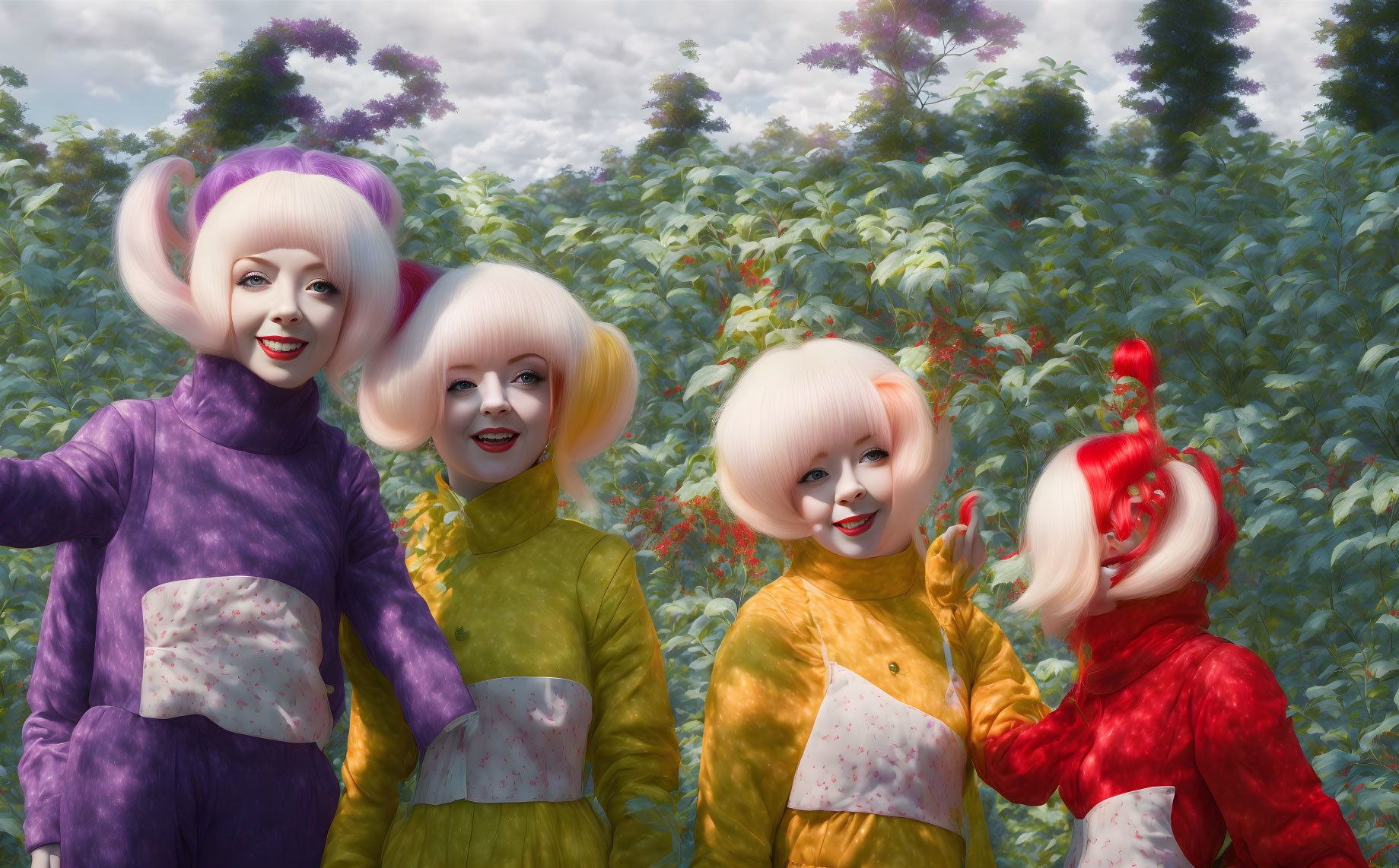 Four Colorful Clowns in Playful Garden Pose