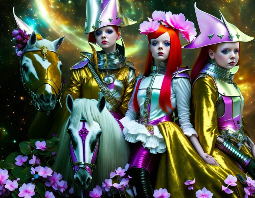 Three women in futuristic knight attire with horses in starry scene