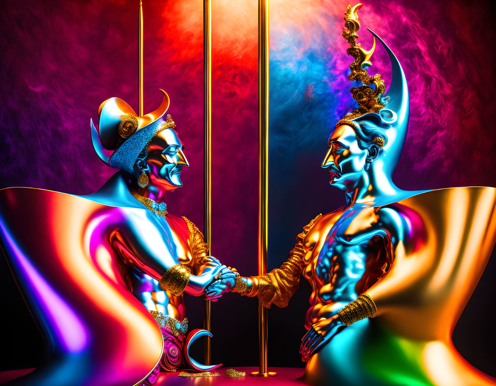 Colorful Artwork: Stylized Figures in Elaborate Costumes Shaking Hands